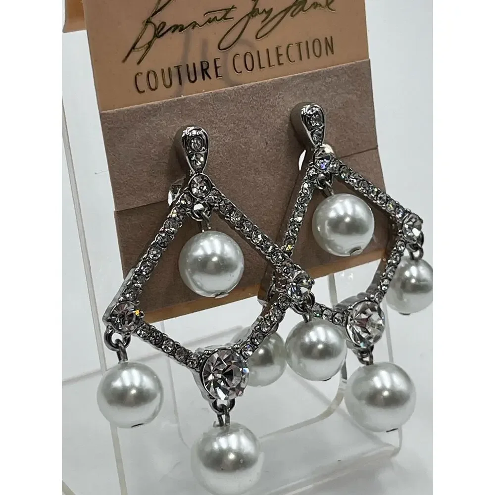 Kenneth‎ Jay Lane White Pearl Crystal Silver Tone Chandelier Clip Earrings New - Picture 7 of 14